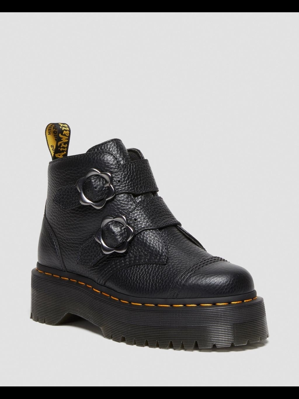 Dr. Martens Devon Flower Buckle Platform Boots in Black Milled Nappa Sz7